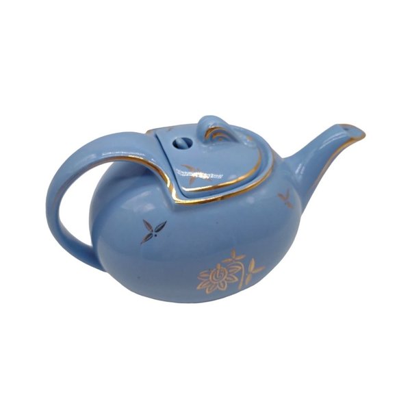 Tea Pot Hall Cadet Blue 1940s Hooked Lid Gold Trim 6 Cup - Picture 10 of 11